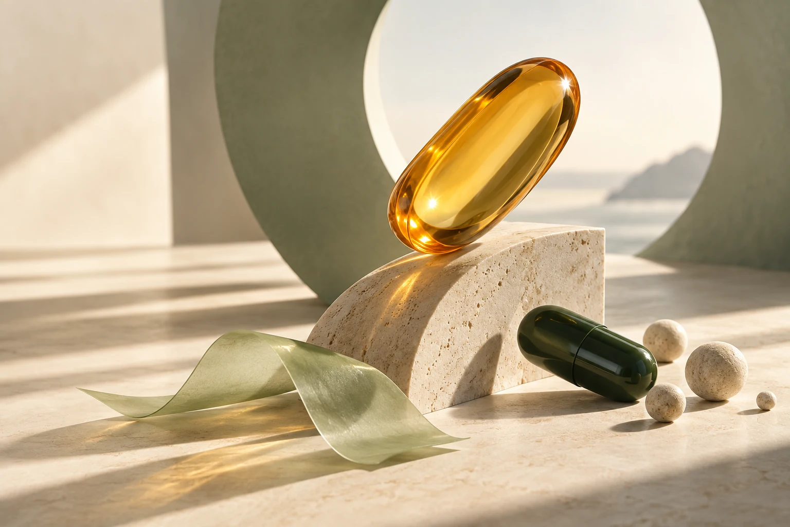 Conceptual nutrition sculpture: an amber softgel, forest-green capsule and delicate oral film in a sunlit architectural setting