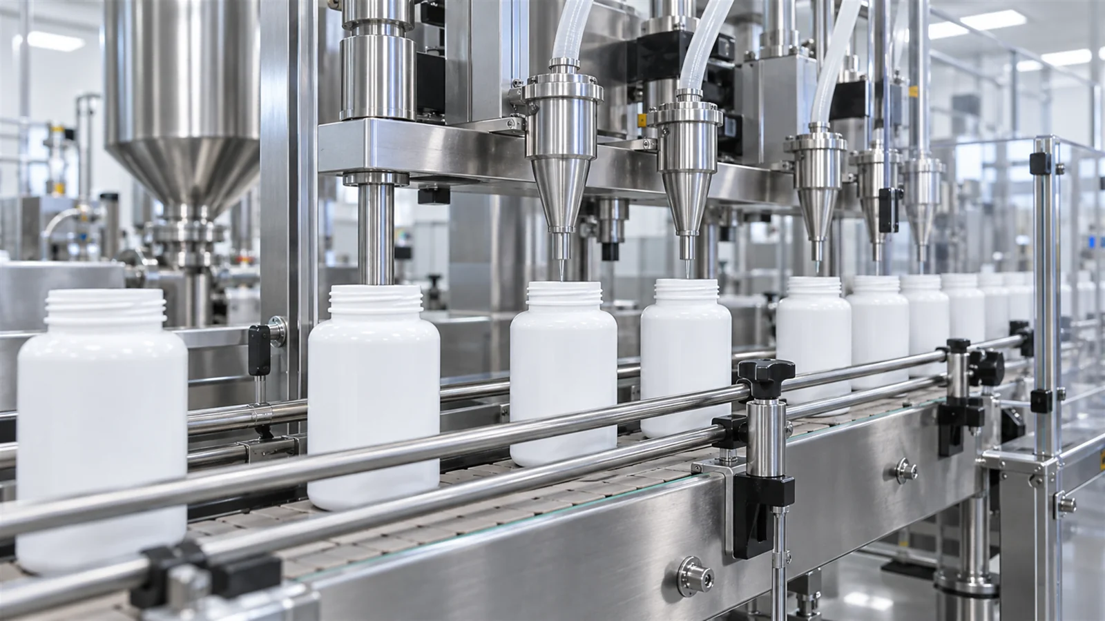 Bottles moving through the filling and handling process