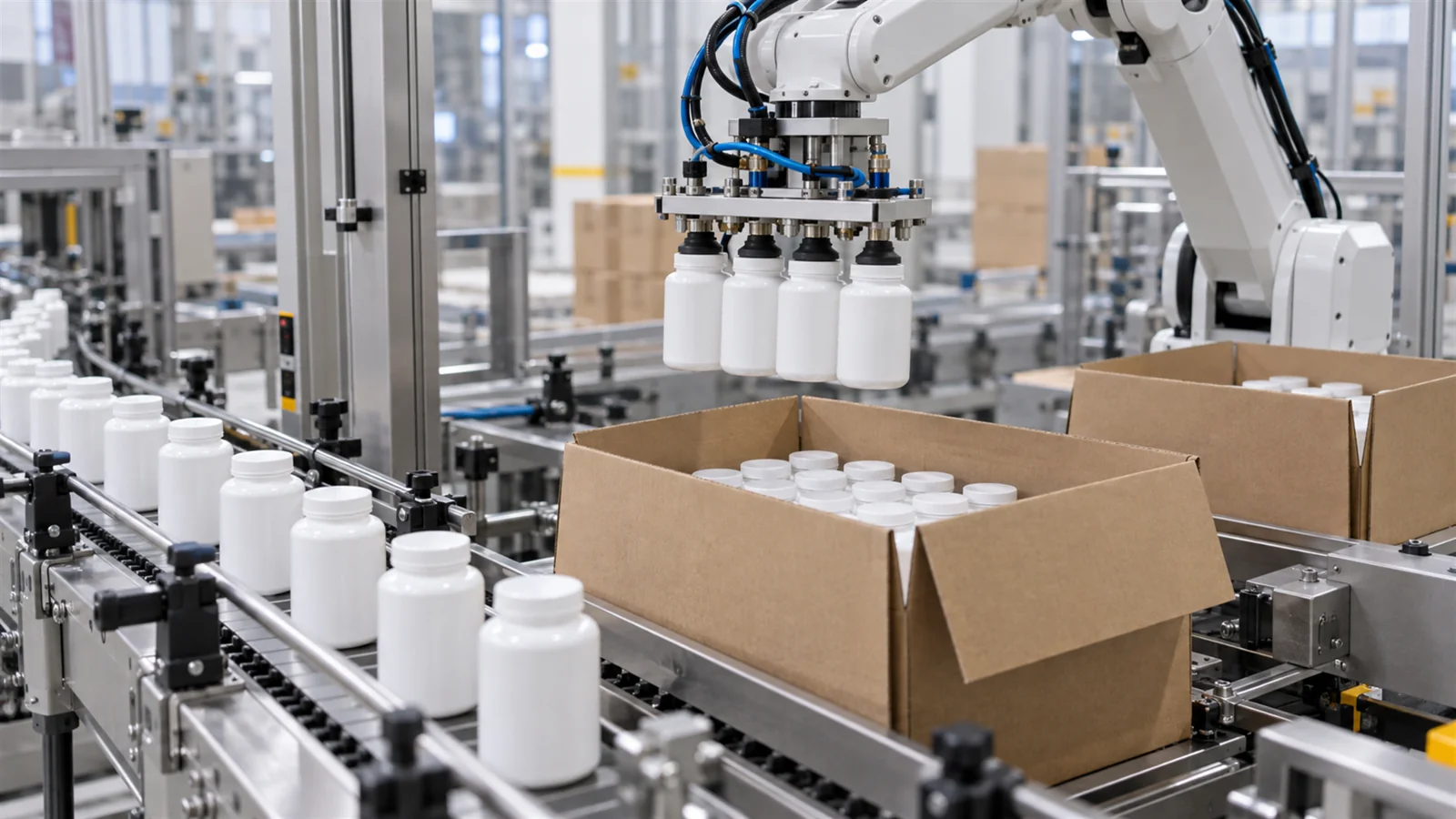 Bottles and cartons at the packaging stage