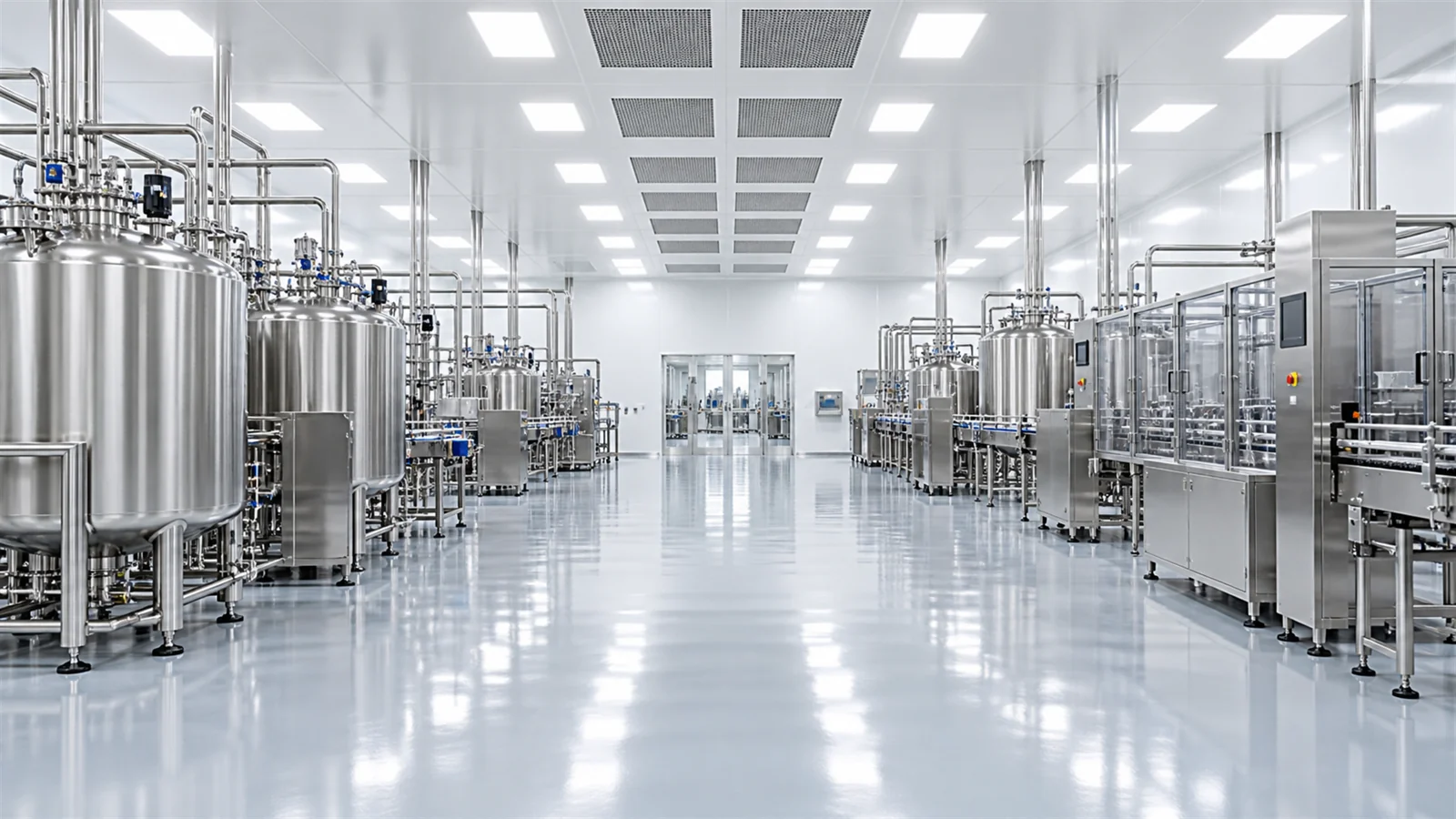 A bright manufacturing hall with processing vessels