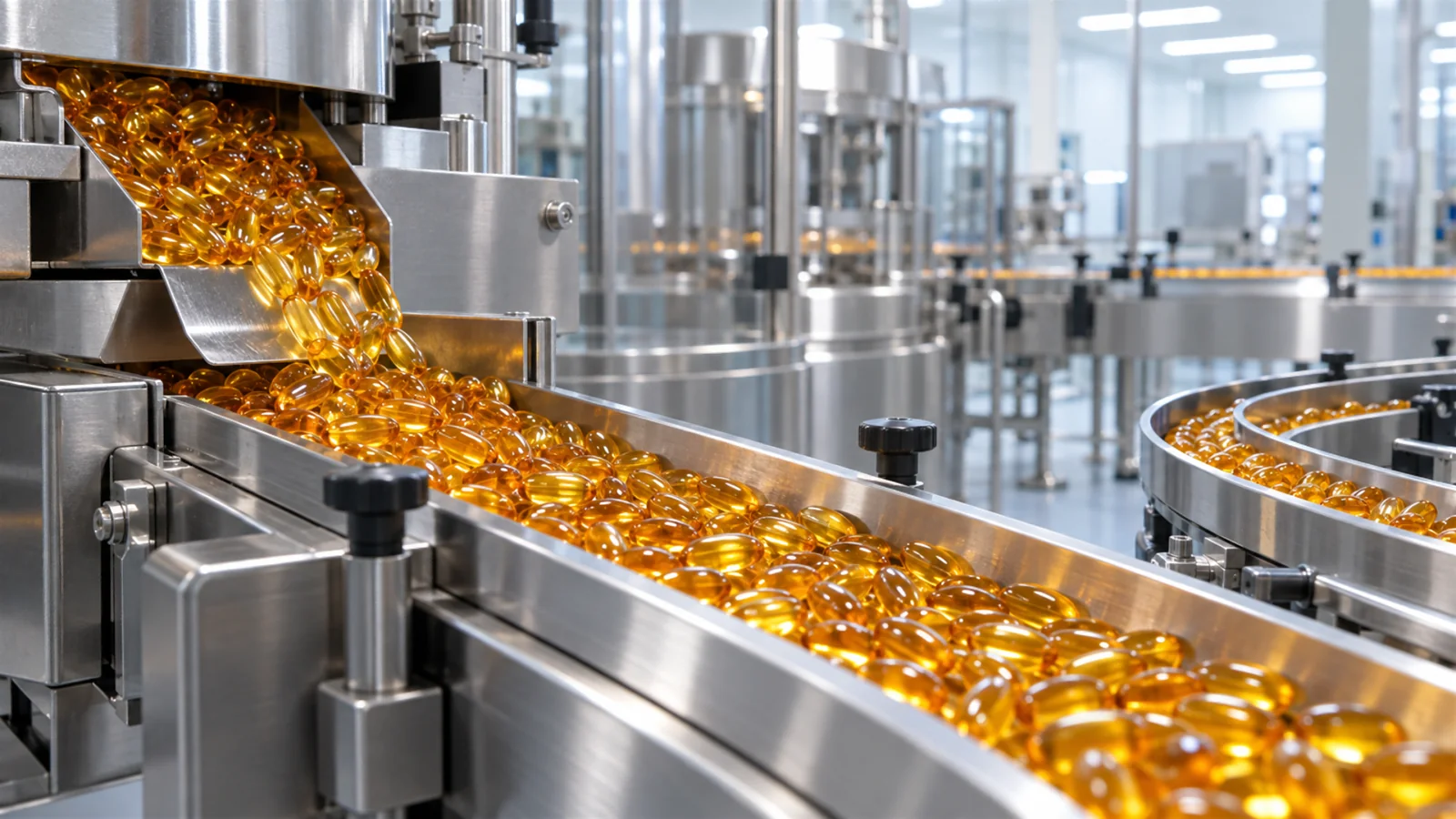 Amber softgels moving through a bright production line