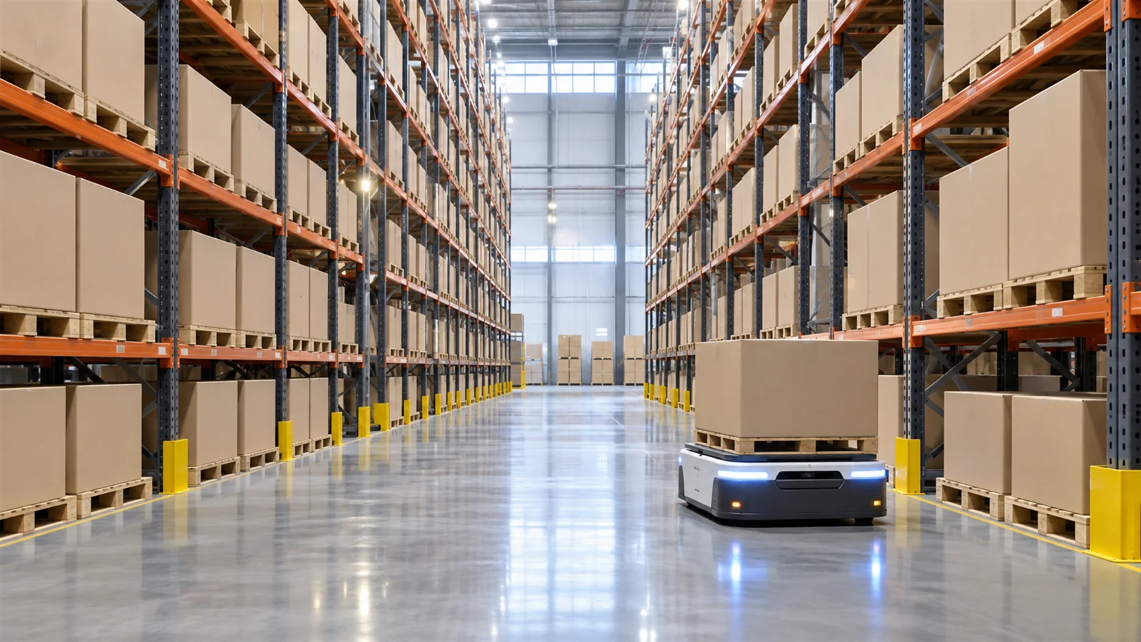 Warehouse aisles with boxed inventory